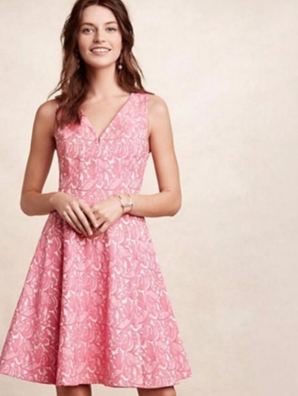 Anthropologie Maeve pink and white Jacquard fit and flare dress